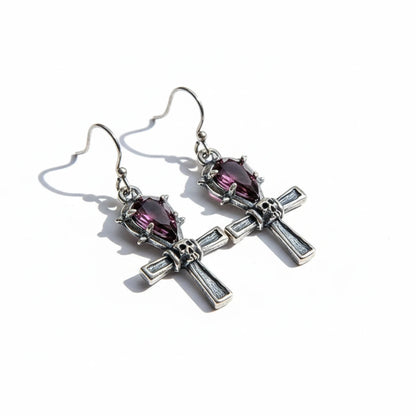Spiked Purple Gem Ankh Dangle Earrings Front