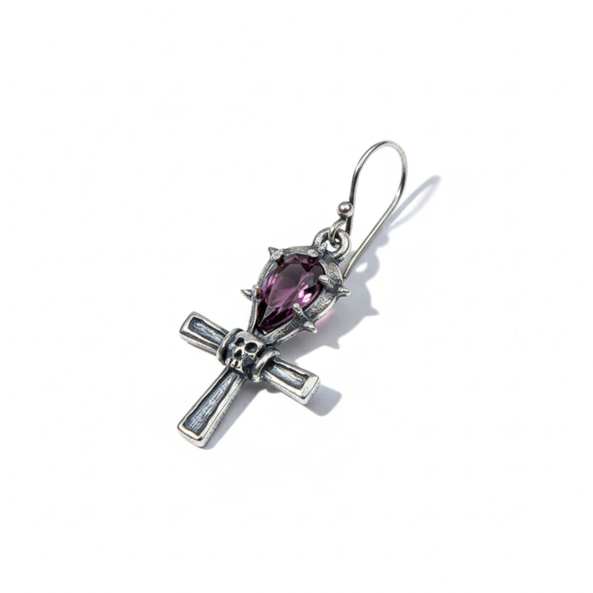 Spiked Purple Gem Ankh Dangle Earrings Side