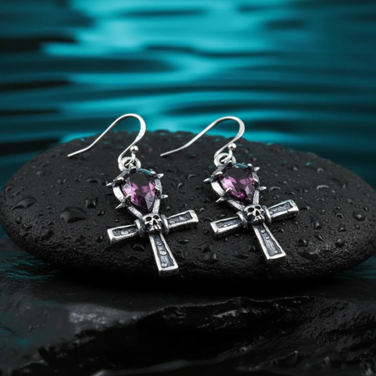 Spiked Purple Gem Ankh Dangle Earrings