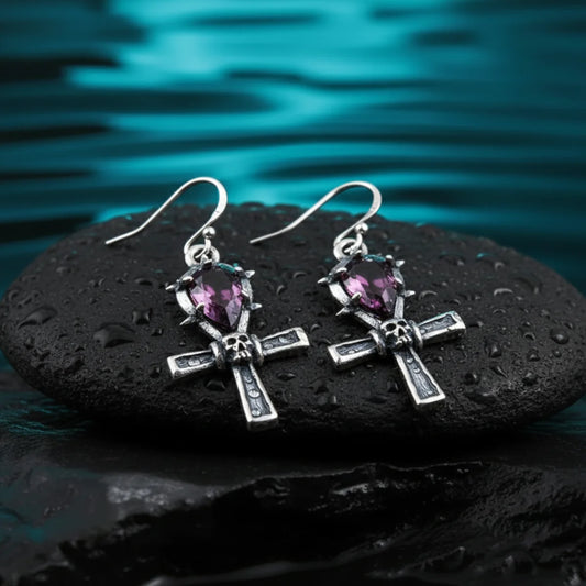 Spiked Purple Gem Ankh Dangle Earrings