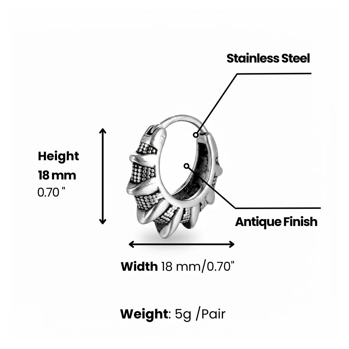 Spikelet Huggie Hoop Earrings Dimensions and Weight