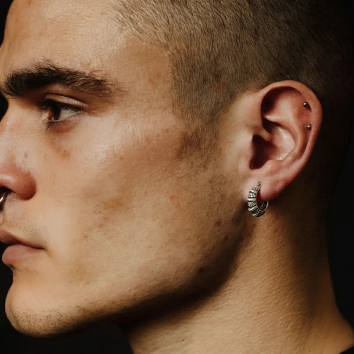 Spikelet Huggie Hoop Earrings Worn by Male Model Side