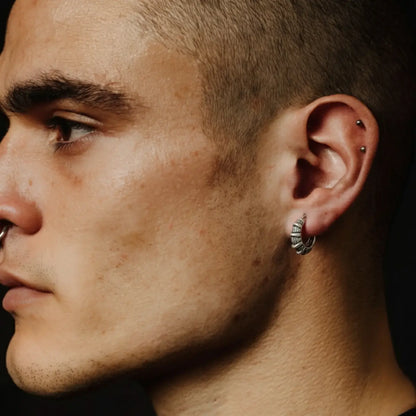 Spikelet Huggie Hoop Earrings Worn by Male Model Side