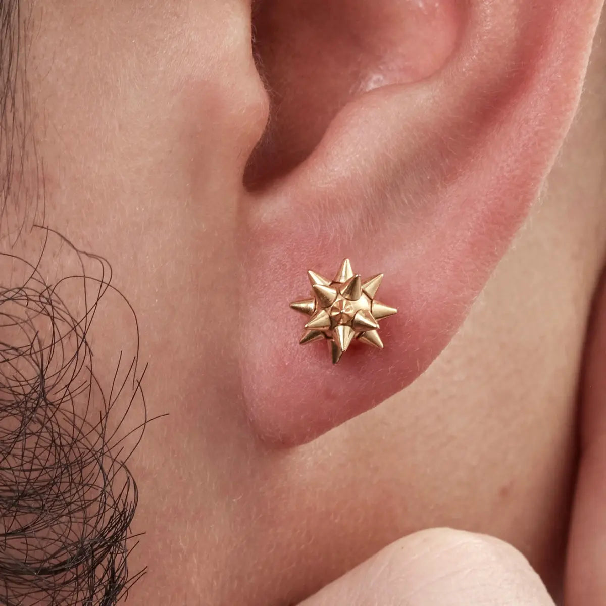 Spiky Ball Stud Earrings Gold Worn by Male Model