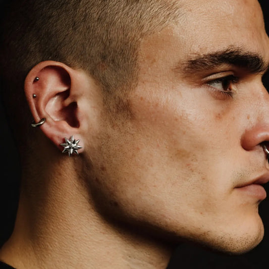 Spiky Ball Stud Earrings Silver Worn by Male Model Side