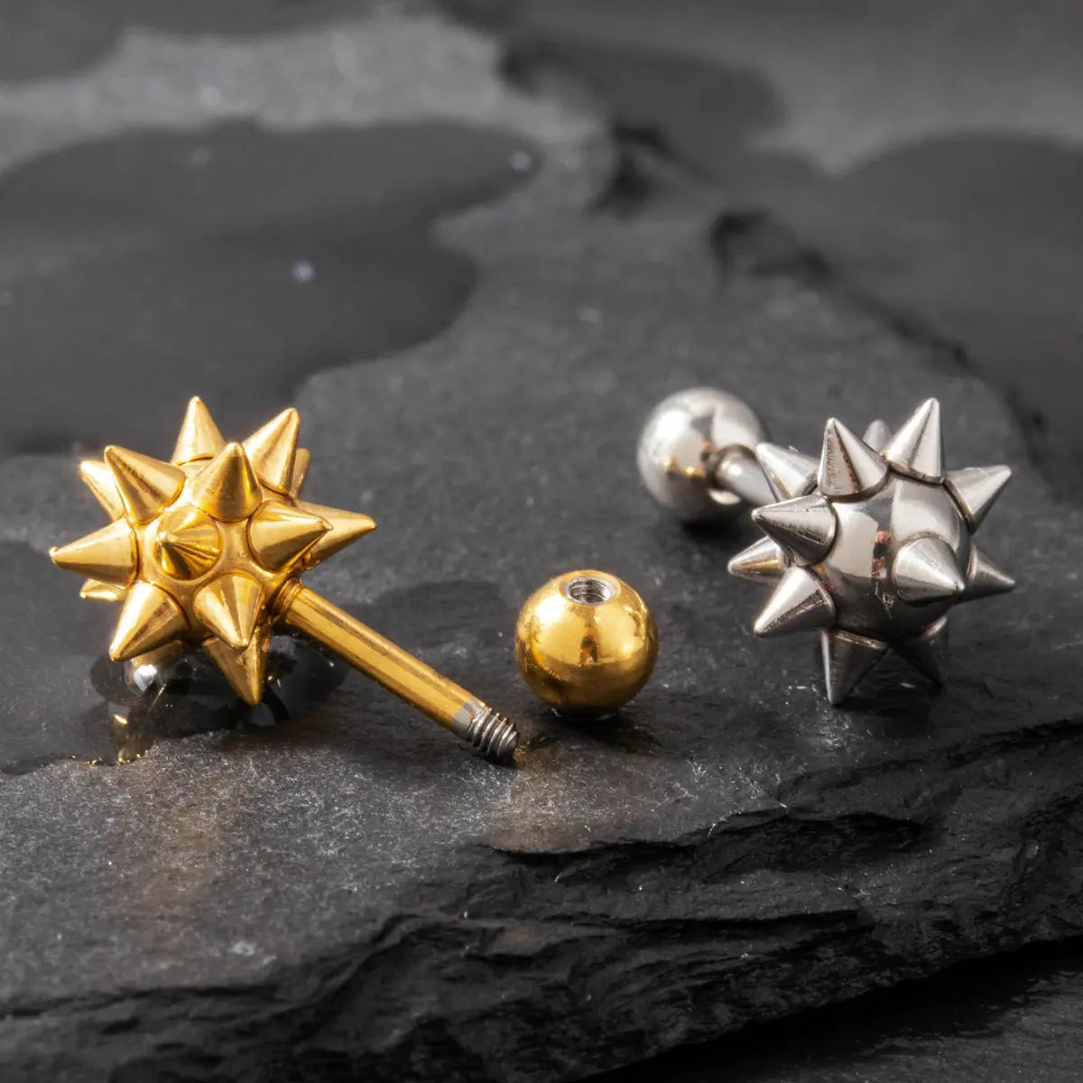 Spiky Ball Stud Earrings Silver and Gold Details