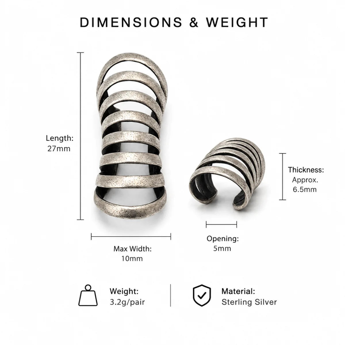 Spine Ear Cuff Earrings 925 Silver Dimension Diagram 30mm 1.18inch and 15mm 0.59inch