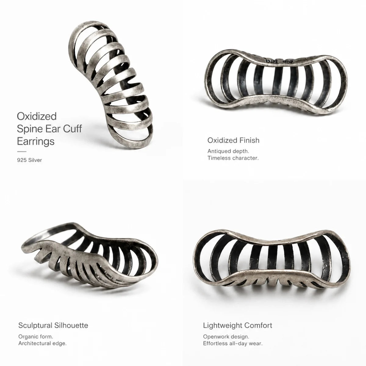 Spine Ear Cuff Earrings 925 Silver Multi Angle Product Feature Showcase
