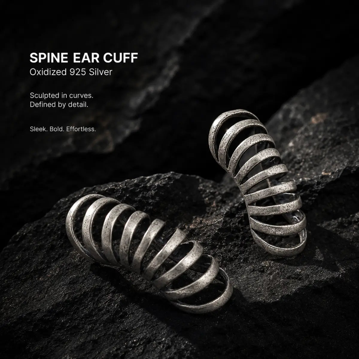 Spine Ear Cuff Earrings 925 Silver Pair Displayed on Stone Surface