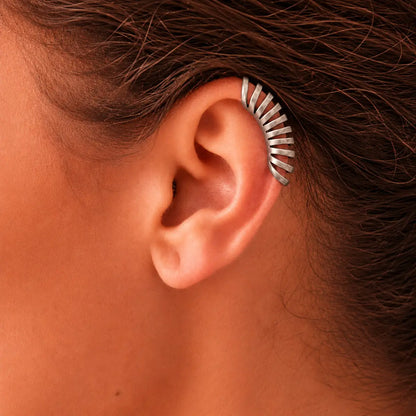 Spine Ear Cuff Earrings 925 Silver Worn on Model Ear Close Up