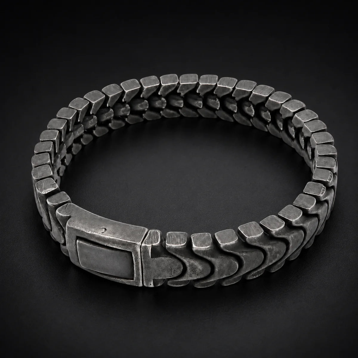 Spine Link Bracelet Antique Silver 12mm Close Up Black Background