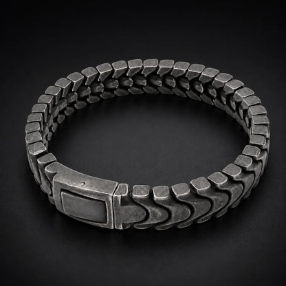 Spine Link Bracelet Antique Silver 12mm Close Up Black Background