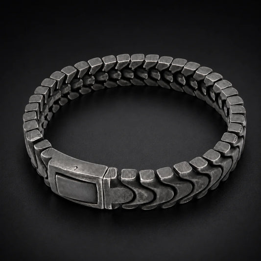 Spine Link Bracelet Antique Silver 12mm Close Up Black Background