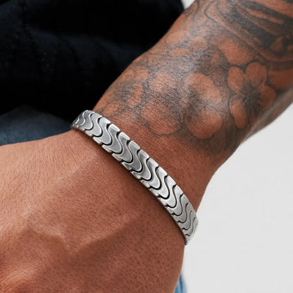 Spine Link Bracelet Silver 12mm Worn on Hand Close Up