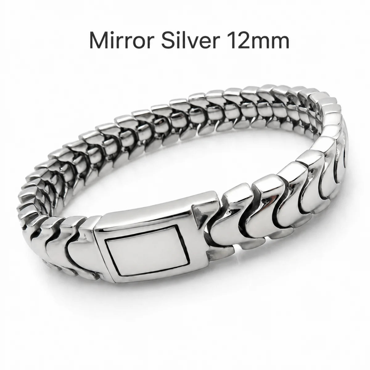 Spine Link Bracelet Mirror Silver 12mm Front View White Background