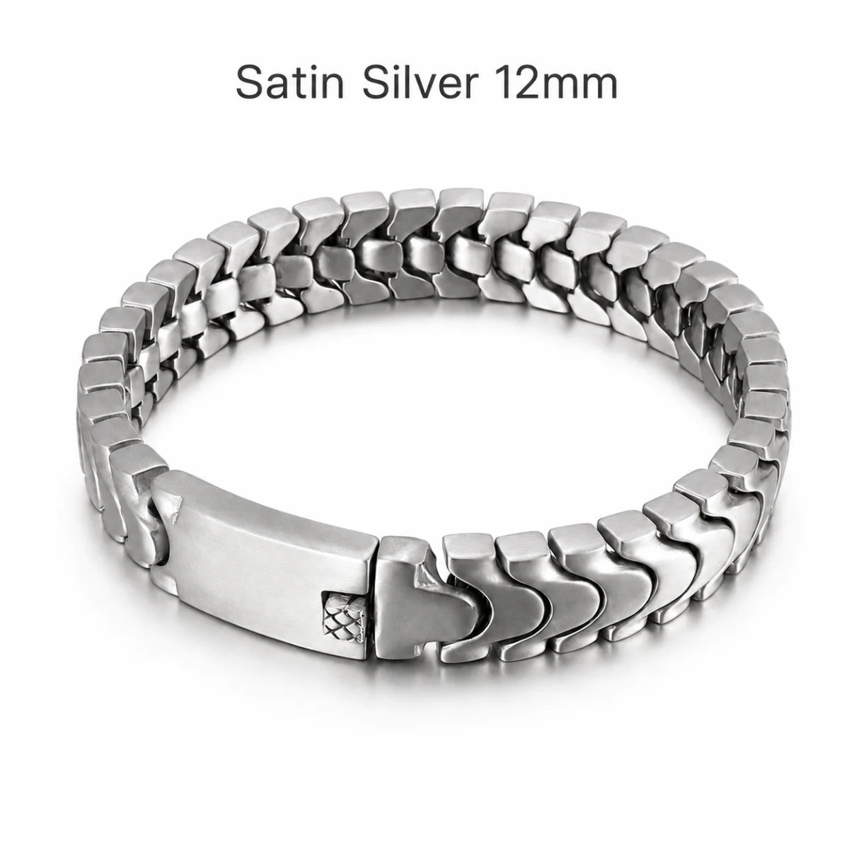 Spine Link Bracelet Satin Silver 12mm Front View White Background