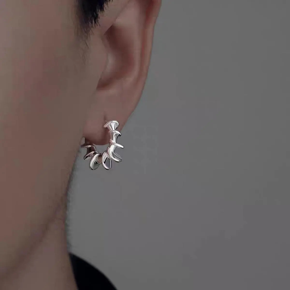 Spiral Hoop Earrings Silver Worn By Male Model