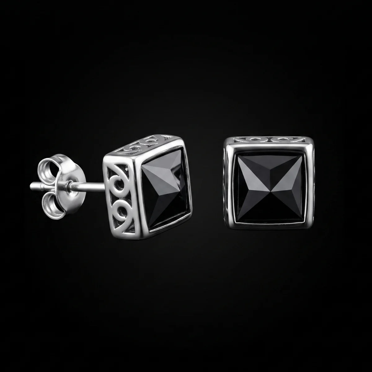 Square Black Diamond Stud Earrings Close Up Black Background