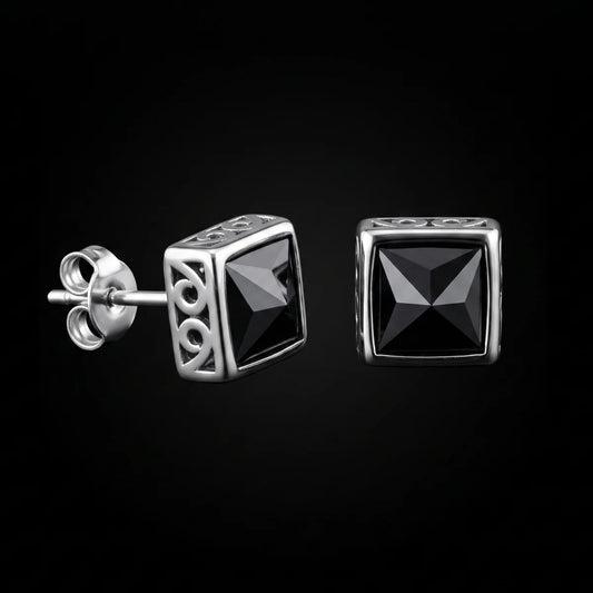Square Black Diamond Stud Earrings Close Up Black Background