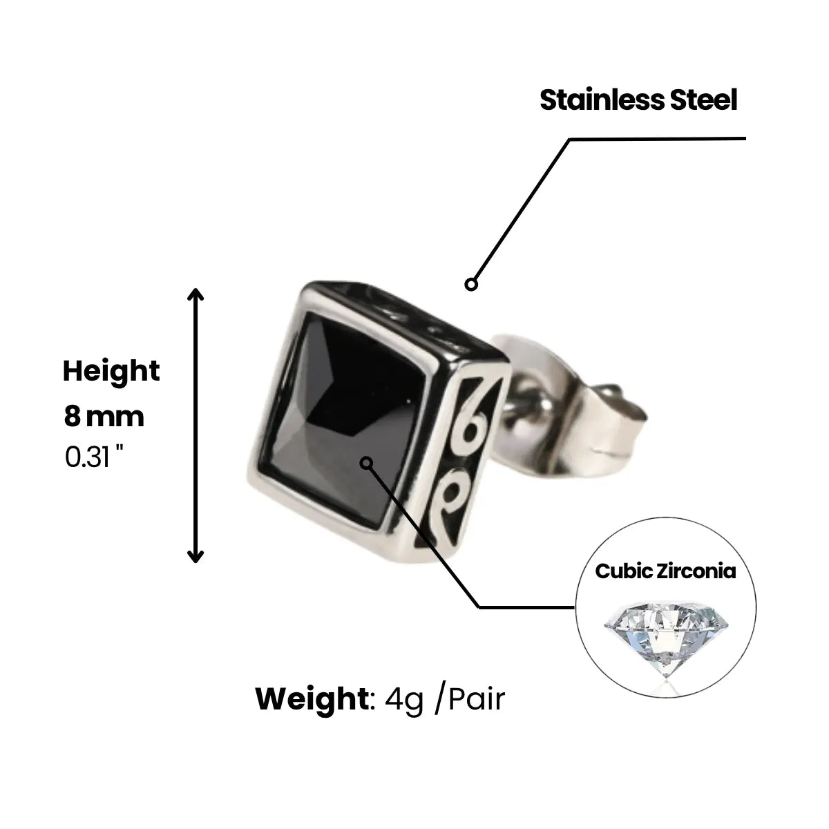 Square Black Diamond Stud Earrings Dimensions and Weight