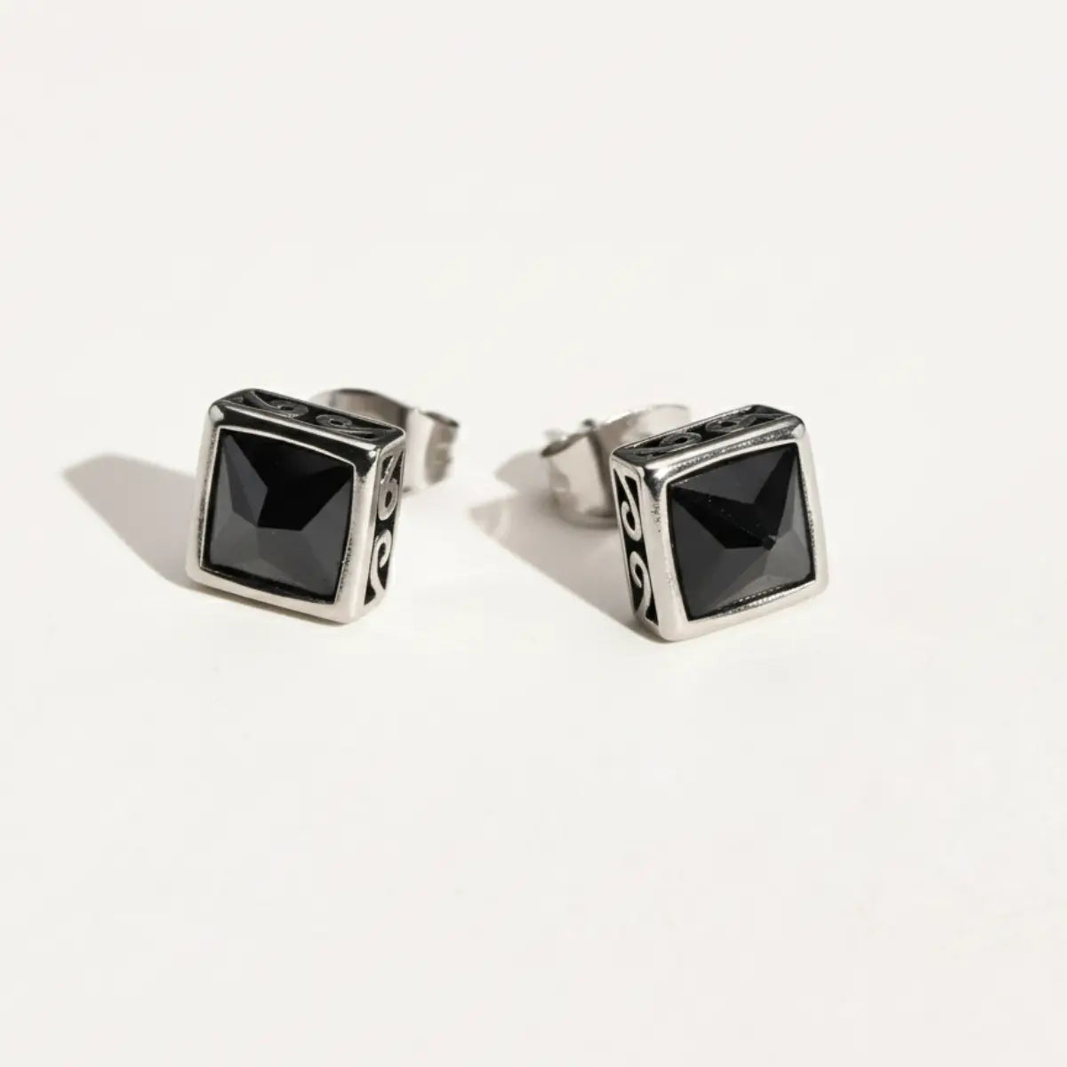 Square Black Diamond Stud Earrings Front