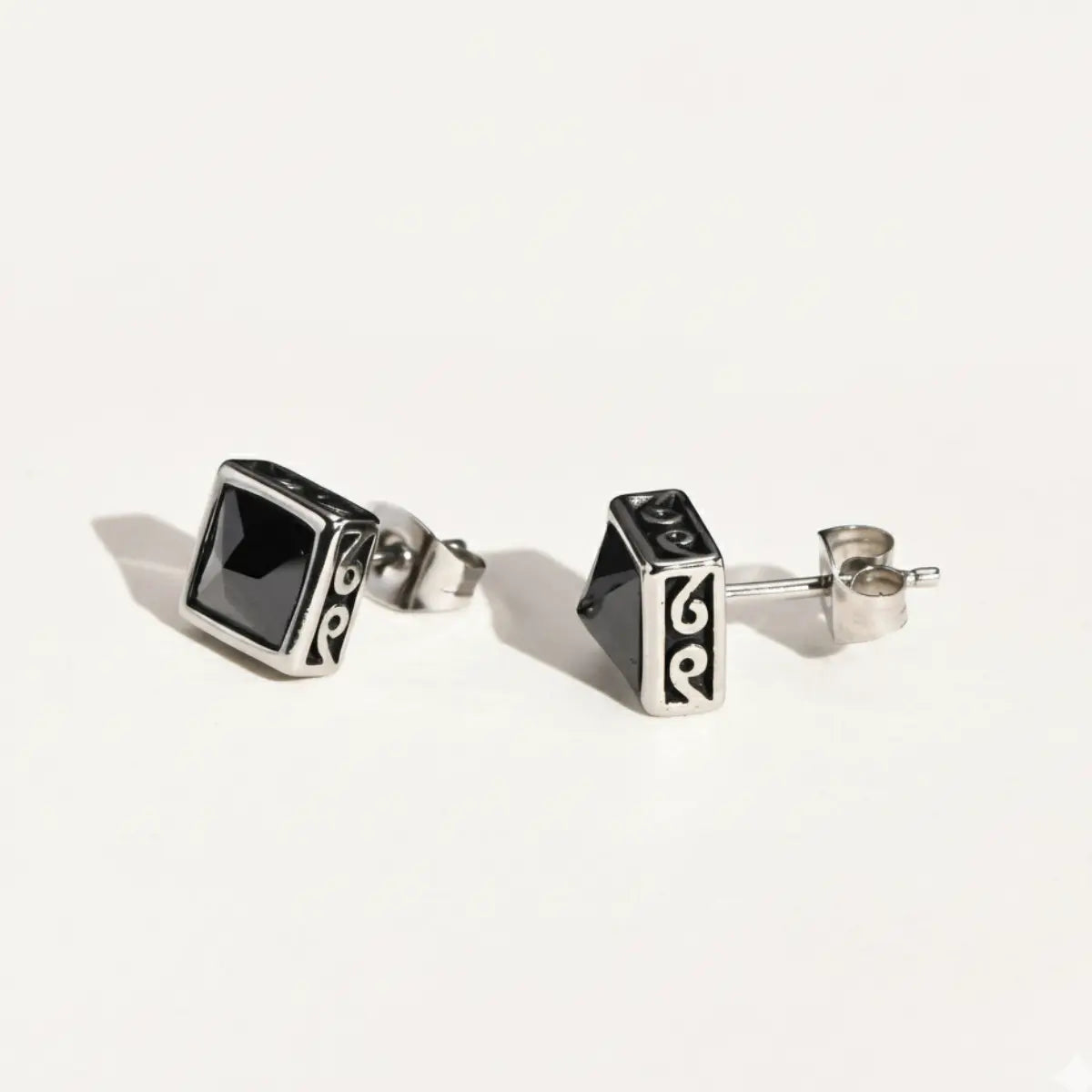 Square Black Diamond Stud Earrings Side