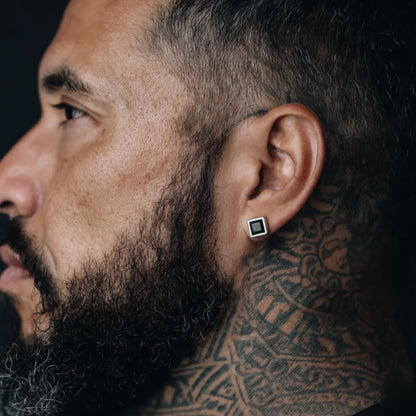 Square Black Diamond Stud Earrings Worn by Male Model Side