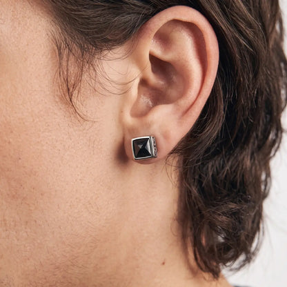 Square Black Diamond Stud Earrings Worn by Male Model Side