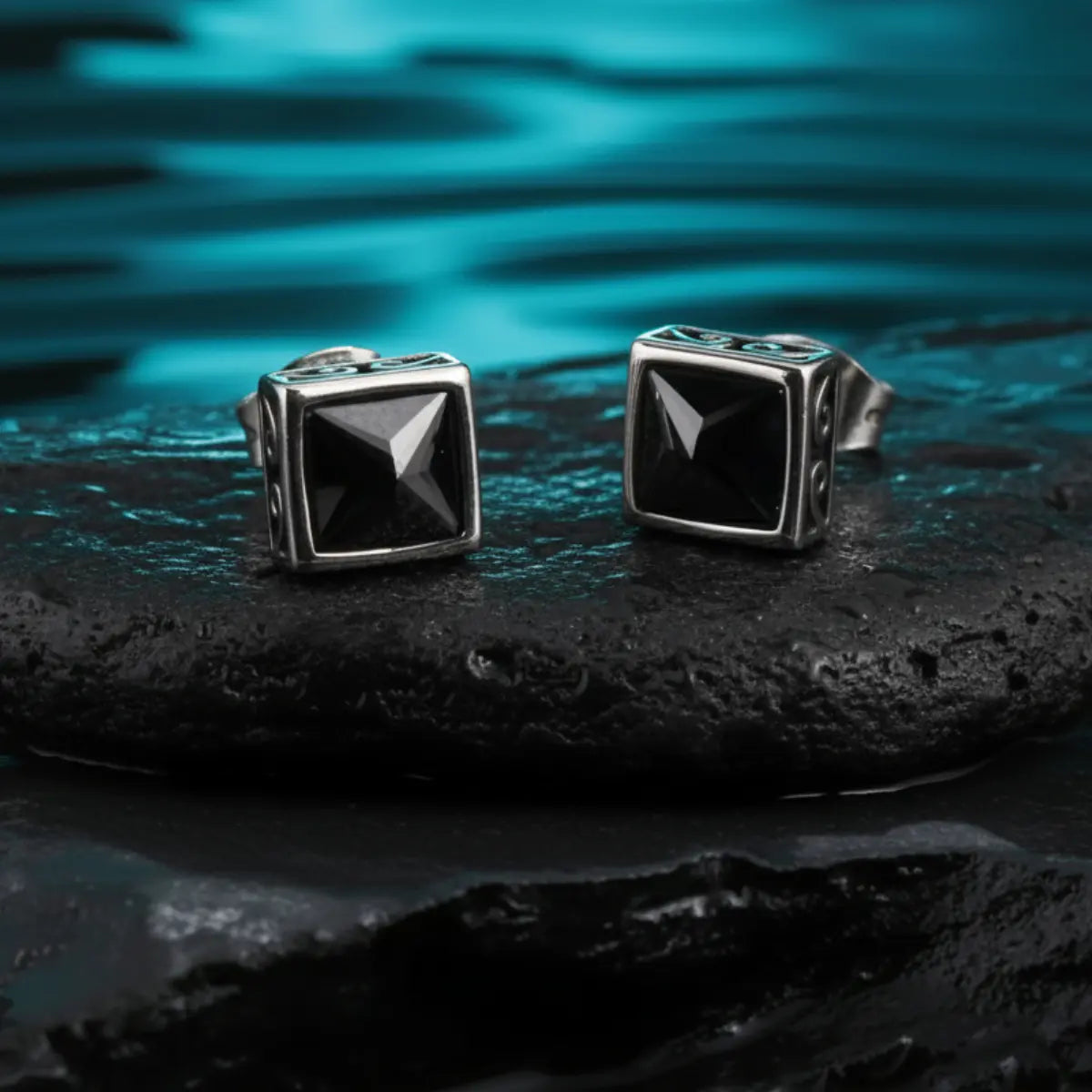 Square Black Diamond Stud Earrings