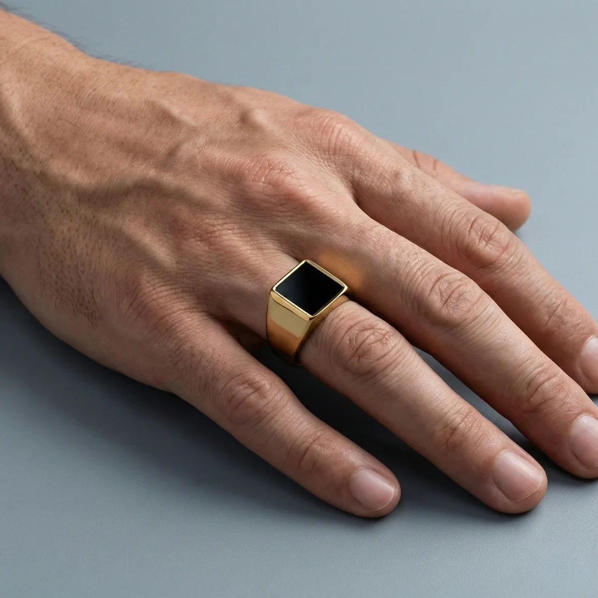Square Black Ring Gold Worn by Male Model