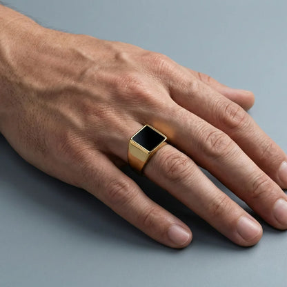 Square Black Ring Gold Worn by Male Model