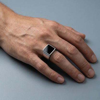 Square Black Ring Silver Worn by Male Model