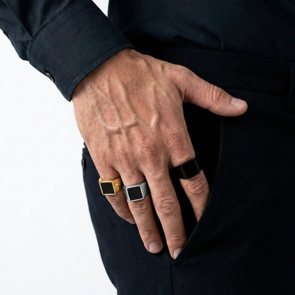 Square Black Rings Worn by Male Model