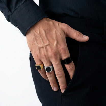 Square Black Rings Worn by Male Model