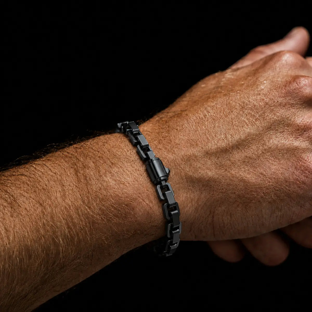 Square Cuban Link Bracelet Black Worn by Male Model