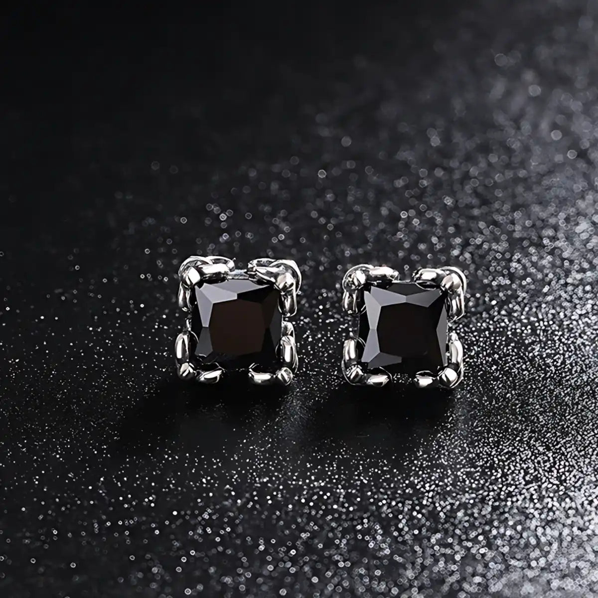 Square Cut Black Diamond Stud Earrings