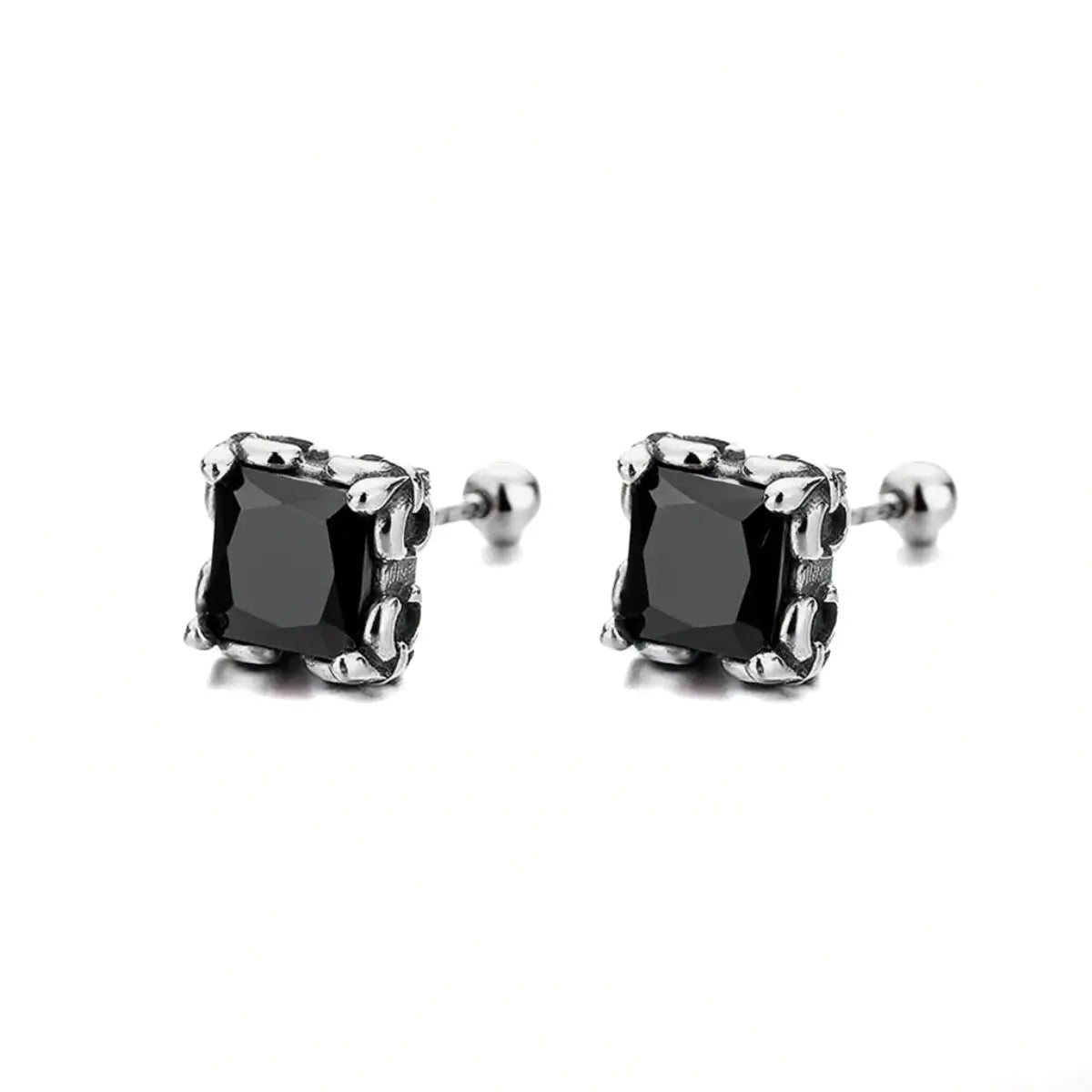 Square Cut Black Diamond Stud Earrings Front Details