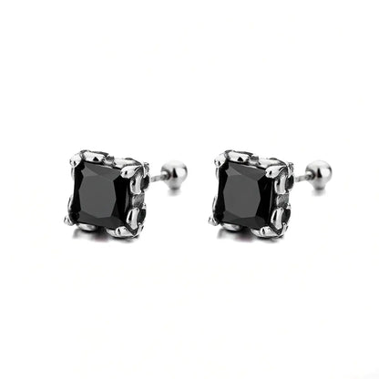 Square Cut Black Diamond Stud Earrings Front Details