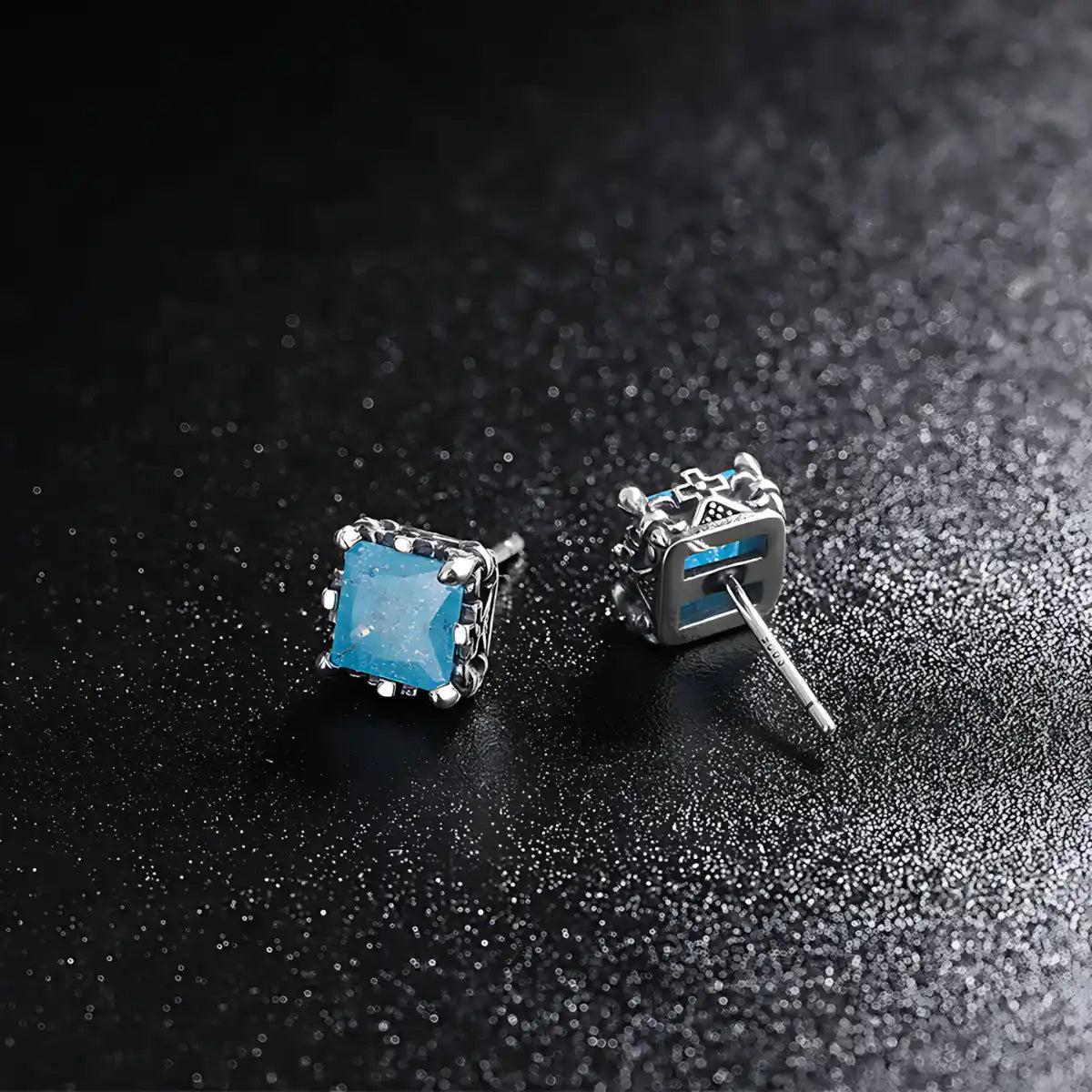 Square Cut Blue Stud Earrings Silver Back
