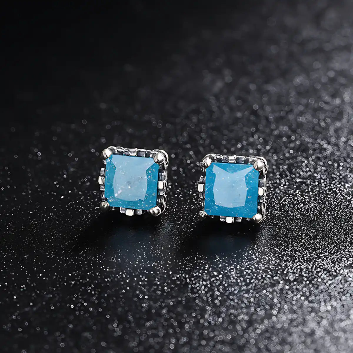 Square Cut Blue Stud Earrings Silver Front