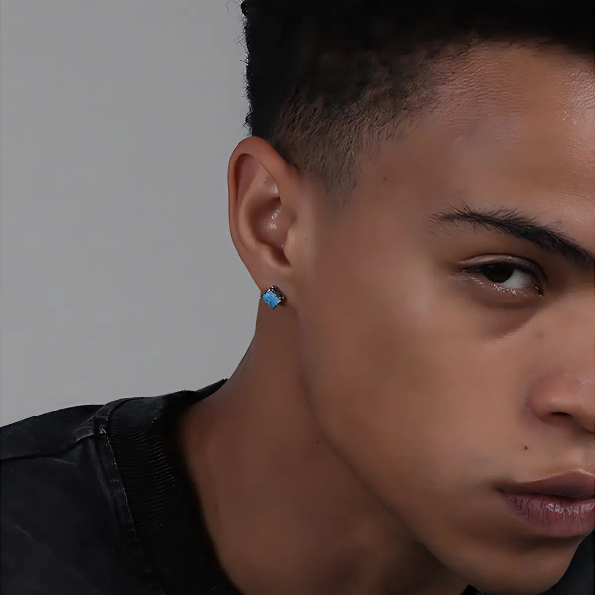 Square Cut Blue Stud Earrings Silver Worn by Male Model