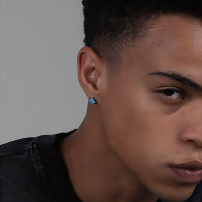 Square Cut Blue Stud Earrings Silver Worn by Male Model