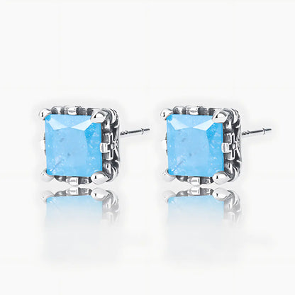 Square Cut Blue Stud Earrings Silver