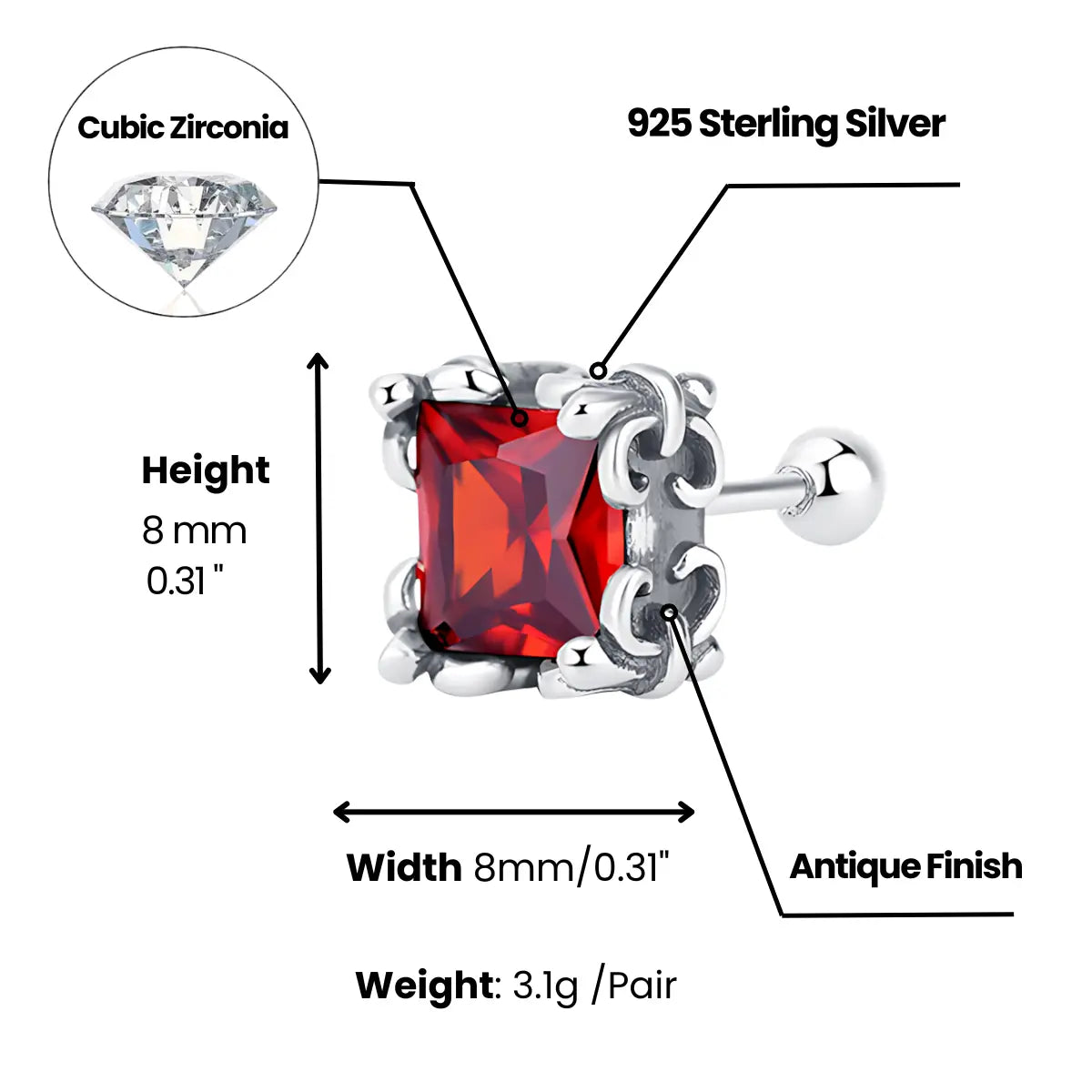 Square Cut Diamond Stud Earrings Dimensions and Weight