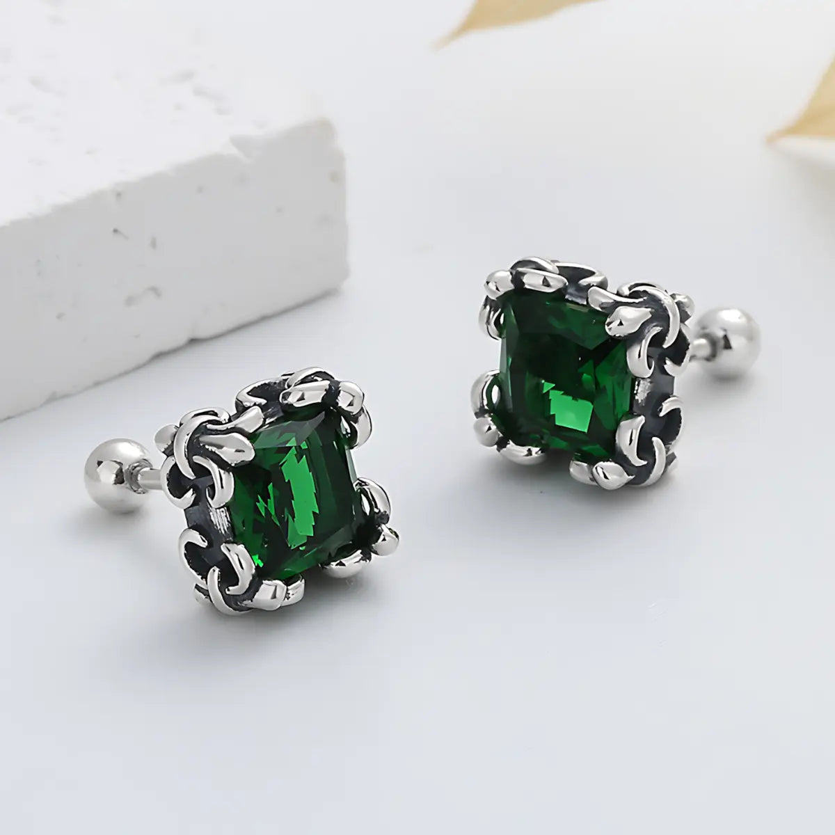 Square Cut Emerald Stud Earrings 925 Silver Front