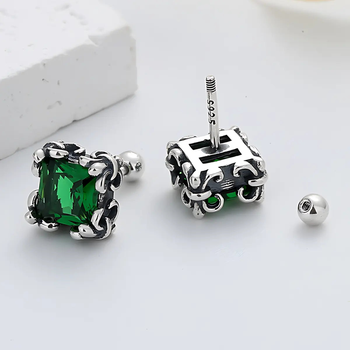 Square Cut Emerald Stud Earrings 925 Silver Silver Back