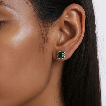 Square Cut Emerald Stud Earrings 925 Silver Worn by Female Model Close Up