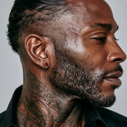 Square Cut Ruby Glow Diamond Stud Earrings Worn by Male Model