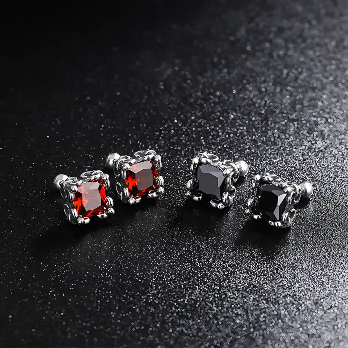 Square Cut Ruby Glow and Black Diamond Stud Earrings Details