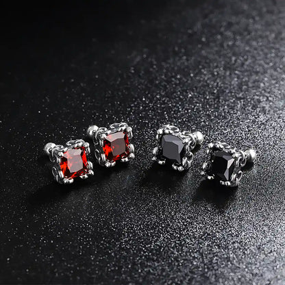 Square Cut Ruby Glow and Black Diamond Stud Earrings Details